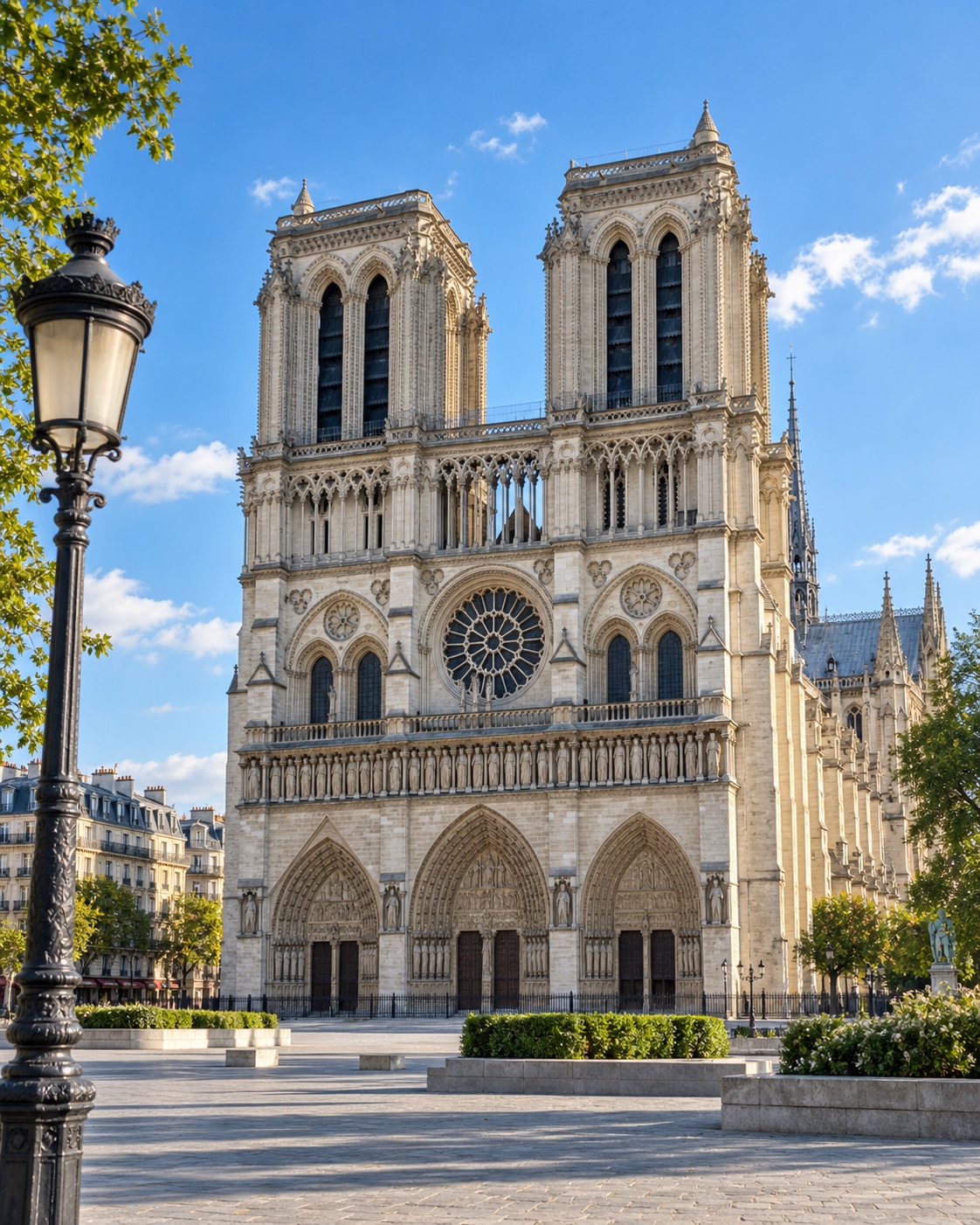 Façade de Notre-Dame de Paris sous un ciel bleu