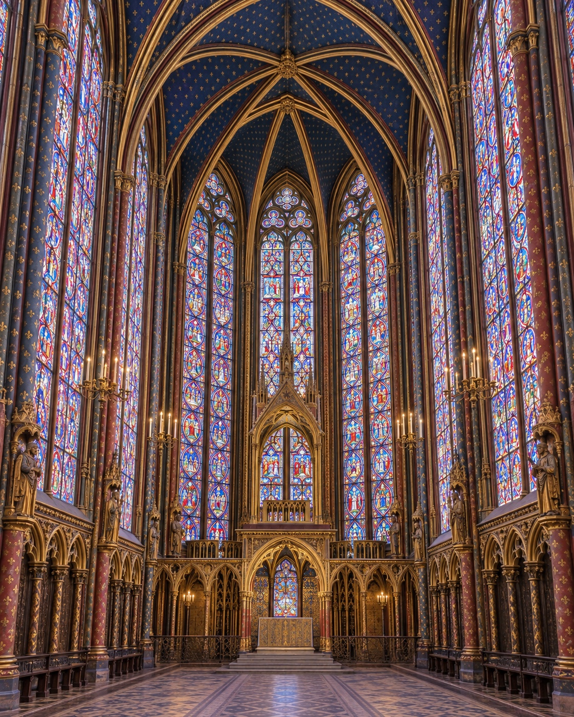 Les vitraux et la voûte étoilée de la Sainte-Chapelle